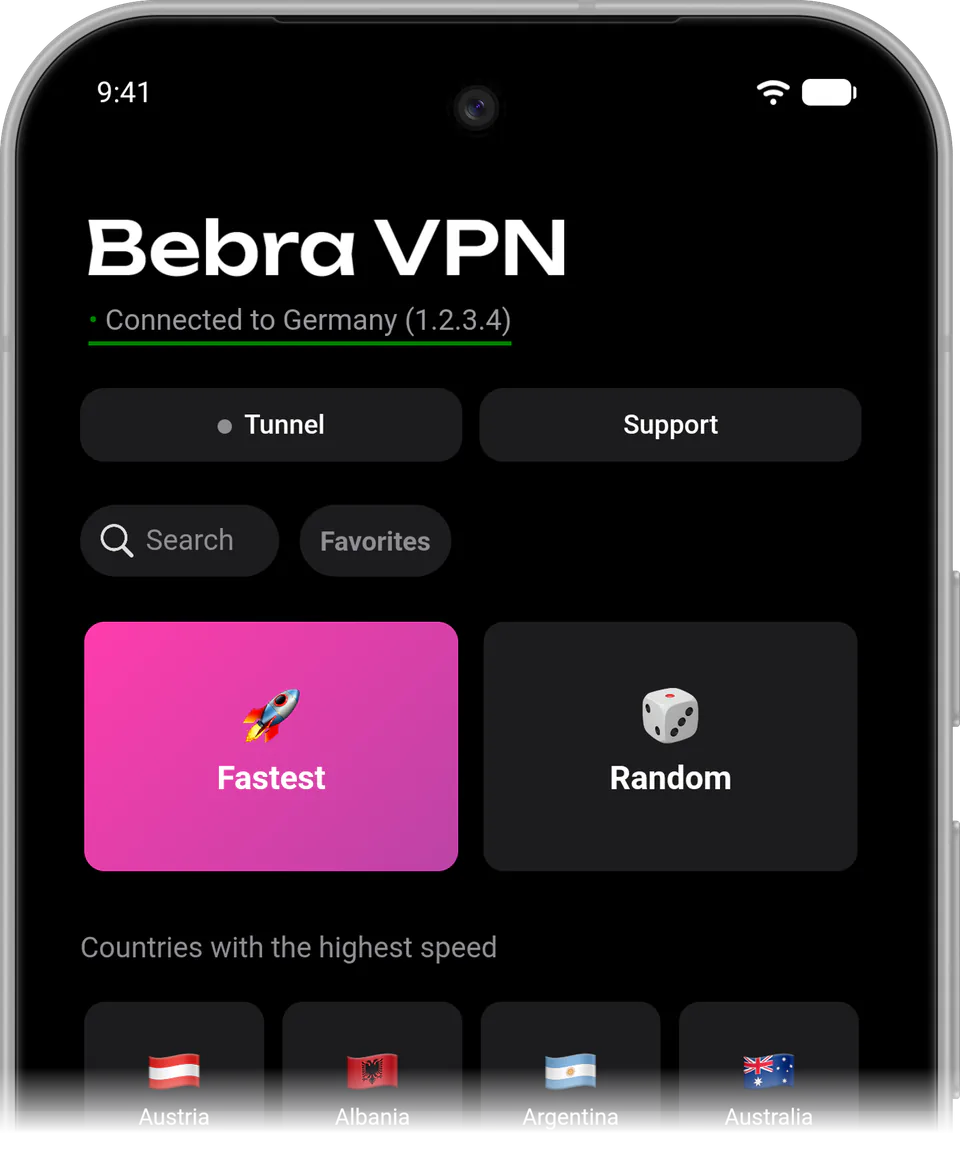 Bebra VPN on an Android phone: the main screen of the app