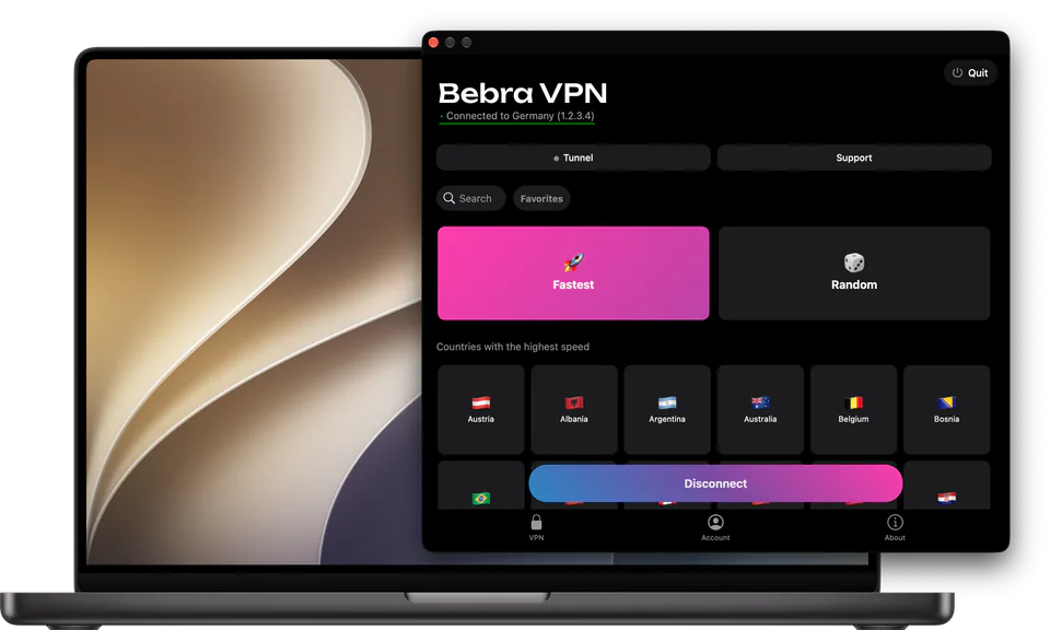 The Bebra VPN window on a MacBook