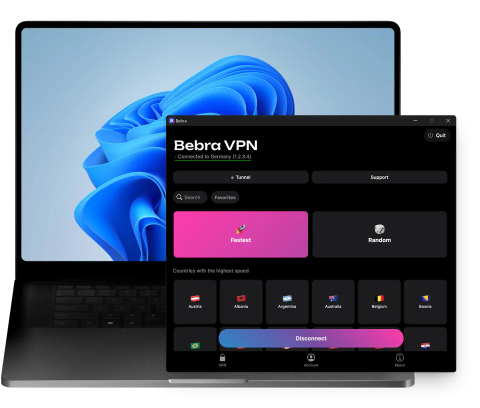 The Bebra VPN window on a Windows 11 laptop