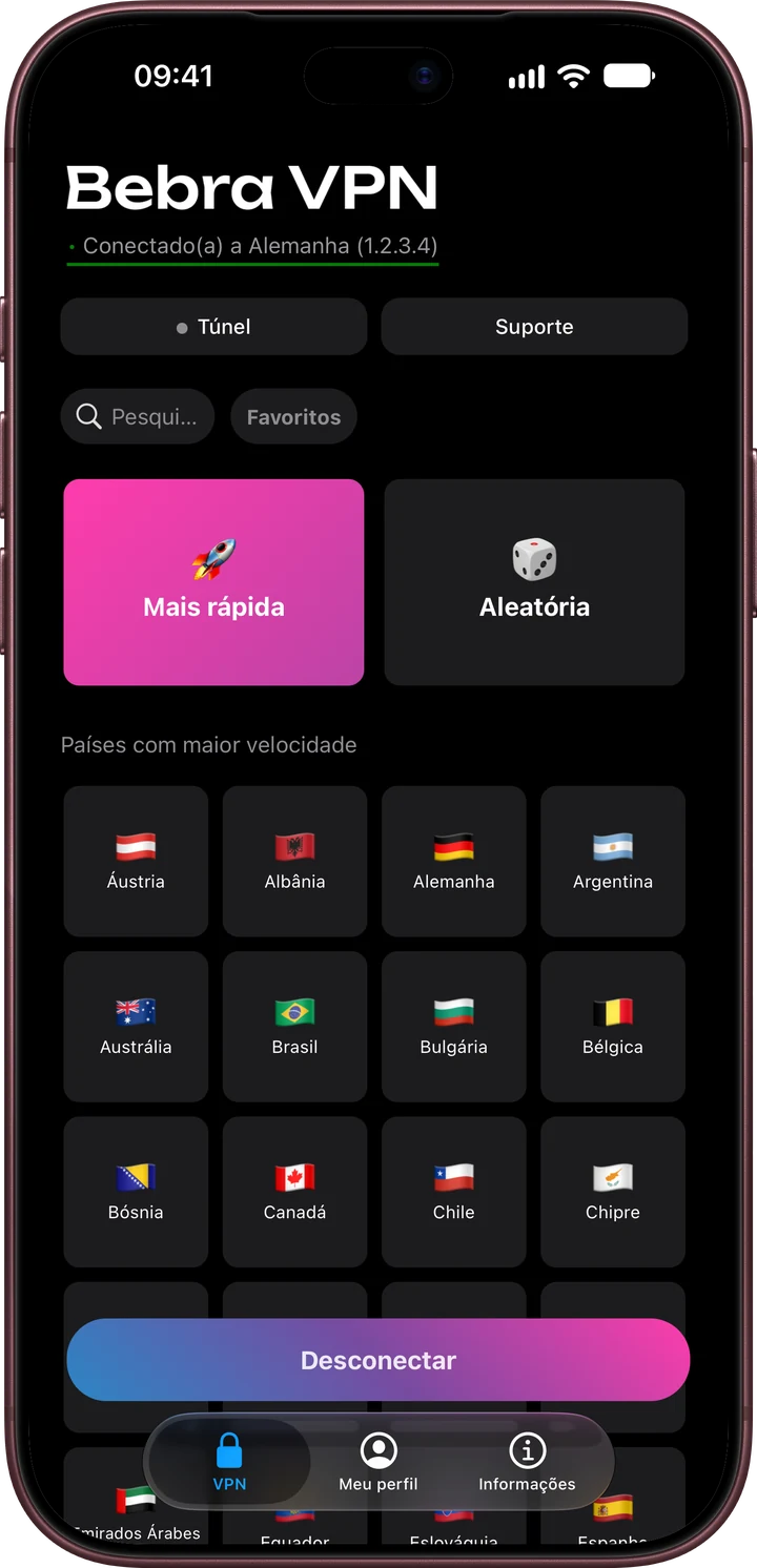 Tela inicial da Bebra VPN no iPhone: o bloco “Mais rápida” e o grupo “Países com maior velocidade”