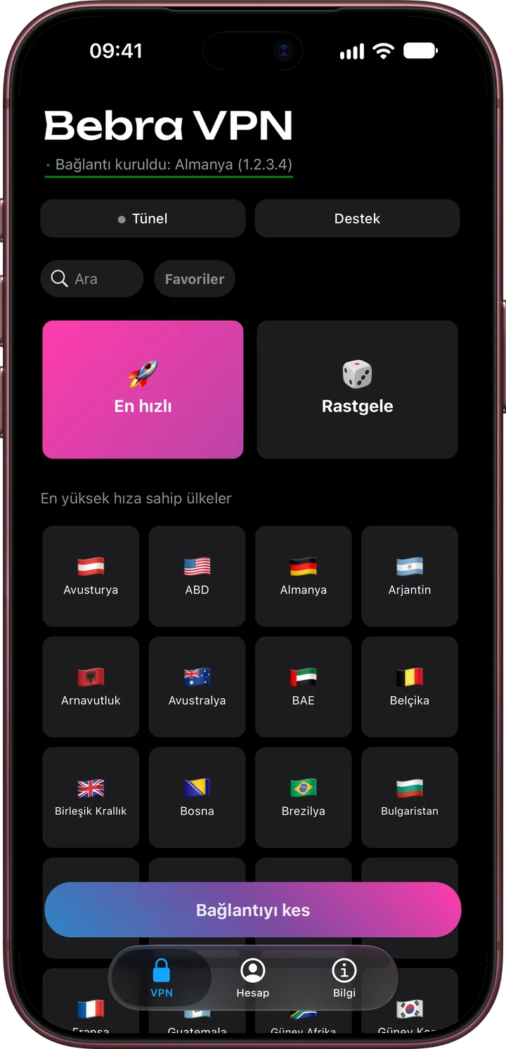 iPhone’da Bebra VPN ana ekranı: “En hızlı” kutucuğu ve “En yüksek hıza sahip ülkeler” grubu