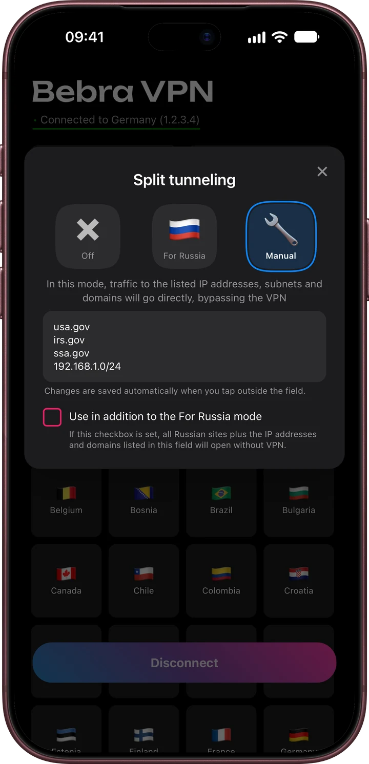 The Split tunneling window on iPhone in Manual mode, with a list of domains