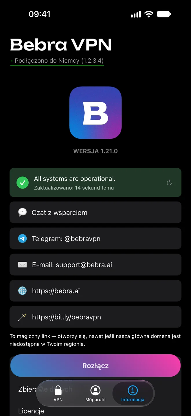 Zakładka „Informacja” w aplikacji Bebra VPN na iPhonie: stan usług, czat ze wsparciem, Telegram, e-mail i strona internetowa