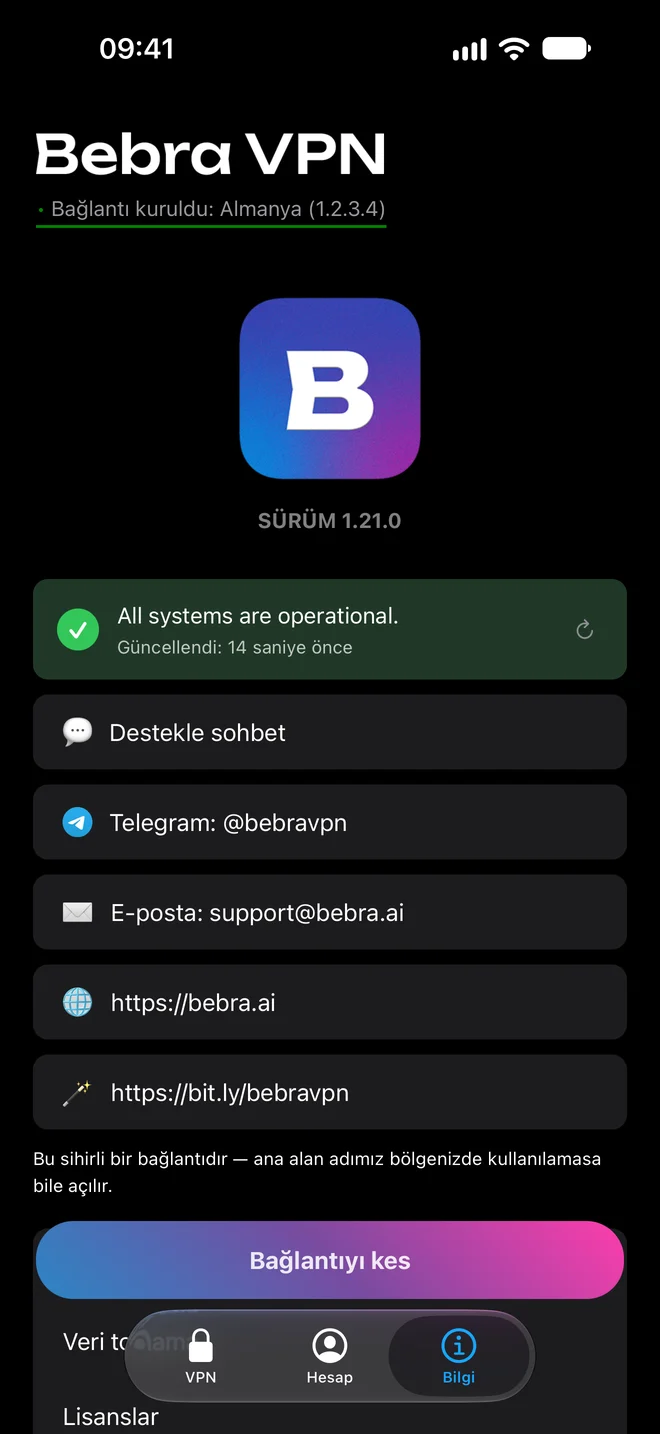 iPhone’da Bebra VPN uygulamasının Bilgi sekmesi: hizmet durumu, destek sohbeti, Telegram, e-posta ve web sitesi