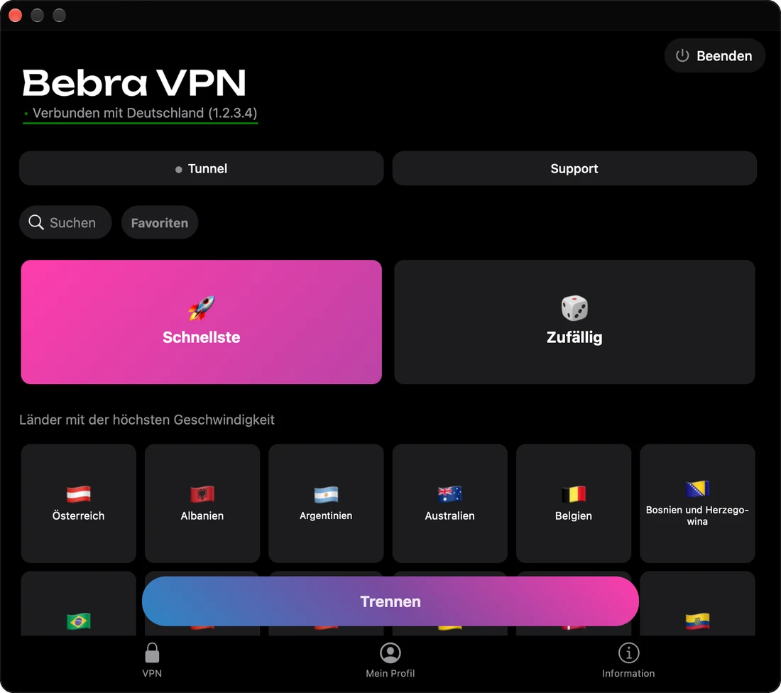 Fenster von Bebra VPN auf dem Mac: verbunden mit Deutschland, darunter das Länderraster