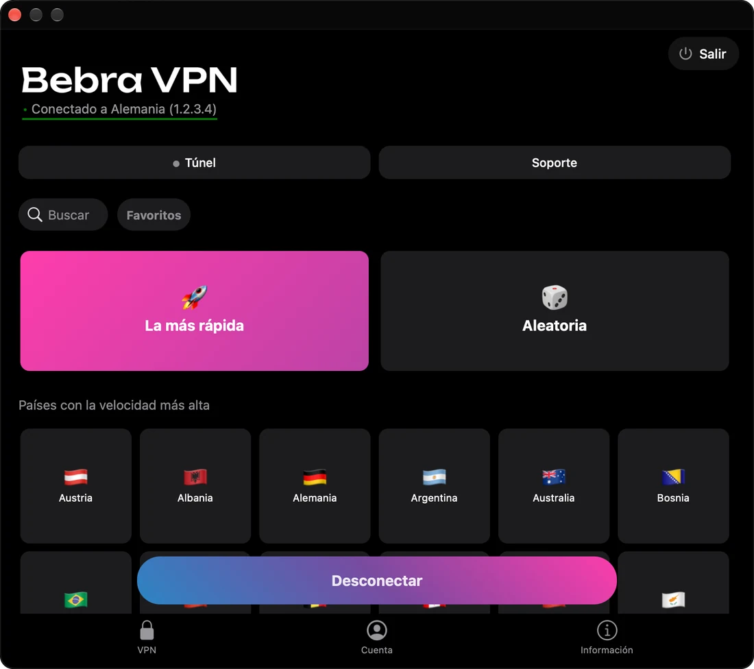 Bebra VPN en un Mac: conexión a Alemania y, debajo, la cuadrícula de países