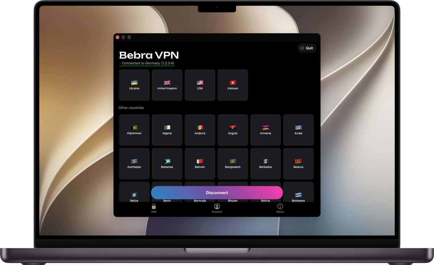 Bebra VPN on a MacBook: the country grid and the Other countries section