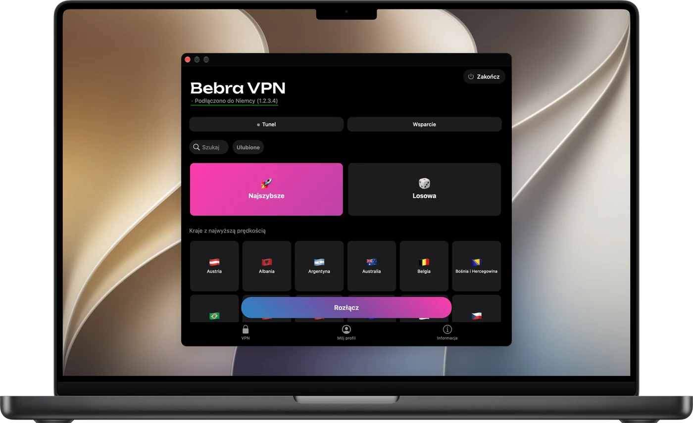 Bebra VPN na MacBooku: siatka krajów z kafelkami „Najszybsze” i „Losowa”